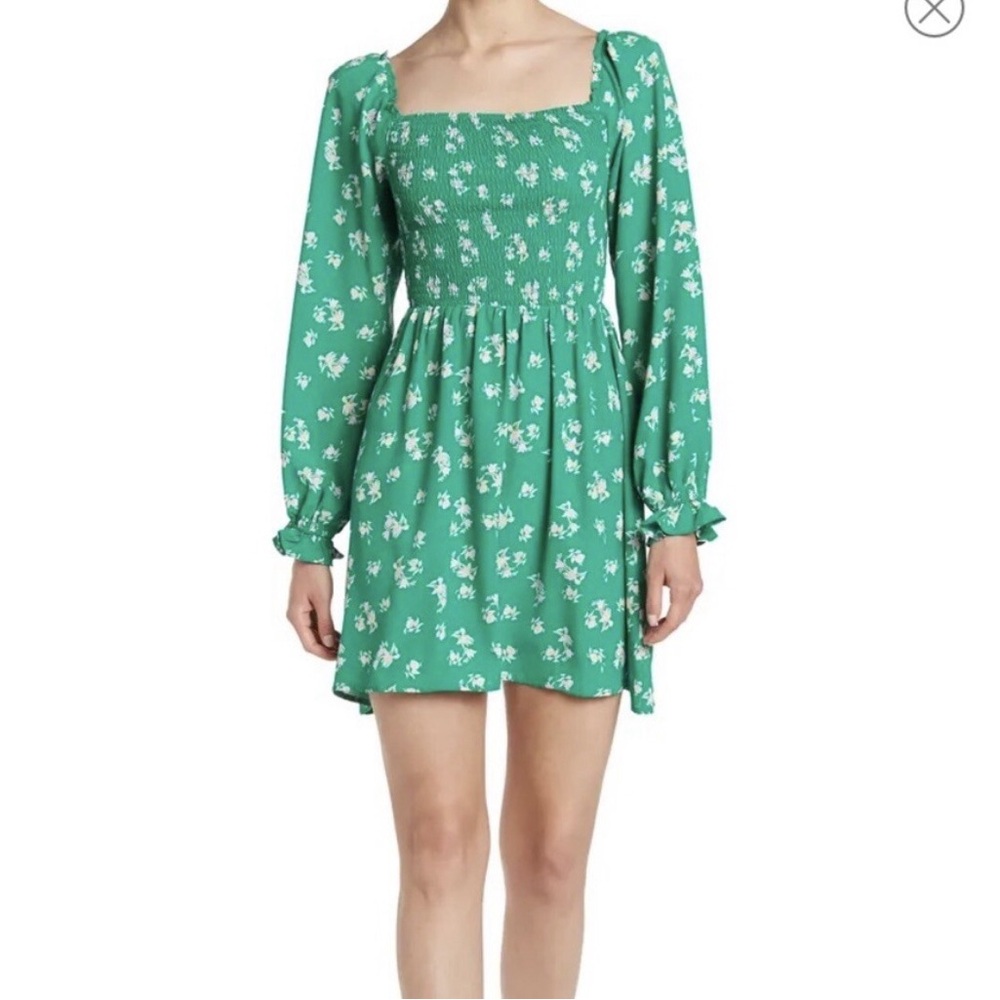 Wayf Green Floral Smocked Square-Neck Mini Dress with Puff Sleeves